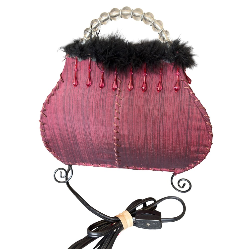 Vintage Style Purse Accent Lamp Burgundy Fabric Feather Trim Handbag Light